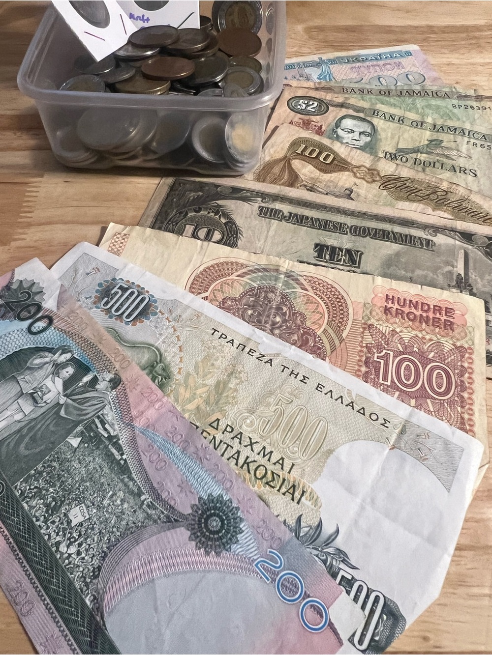 Assorted Vintage World Banknotes and Coins